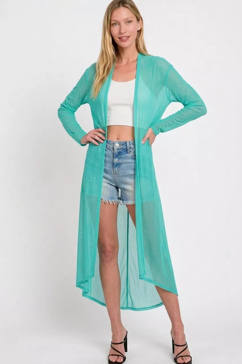 Turquoise mesh open-front cardigan with long drape hem, side view