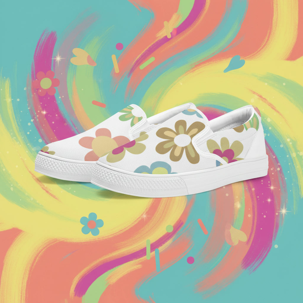 White Multicolor Womens Flower Sneakers | Floral Print Slip On Canvas Shoes