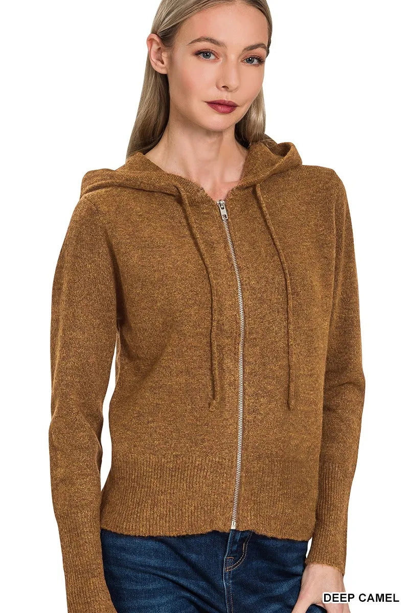 Womens deep camel zip-up hooded cardigan with drawstring and front zipper