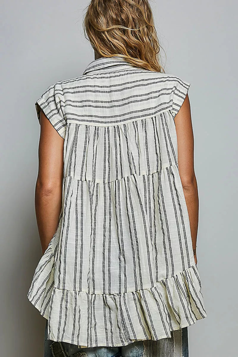 Grey multi-striped sleeveless cotton top with ruffle back yoke and collar