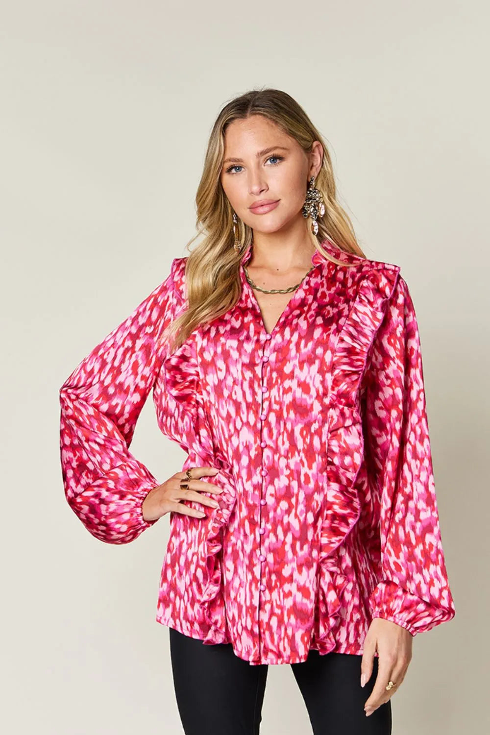 Hot pink printed plus size blouse with ruffle-trim balloon sleeves and button front