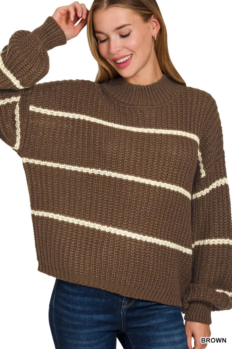 Brown oversized striped knit sweater, crew neck, long sleeves with ribbed cuffs