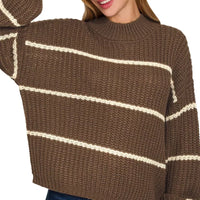 Brown oversized striped knit sweater, crew neck, long sleeves with ribbed cuffs