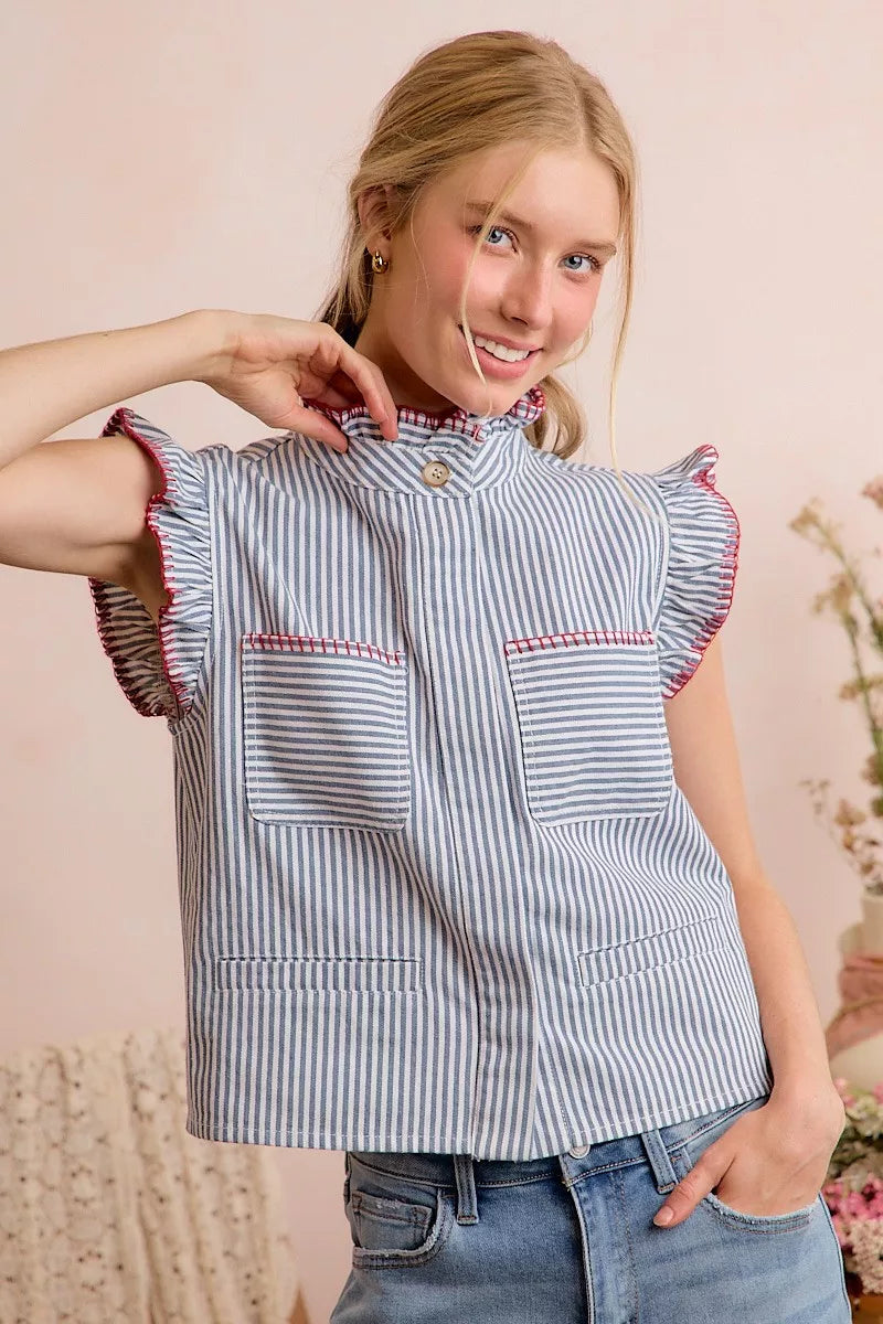 Blue striped ruffle-shoulder vest top with hidden button placket and chest pockets