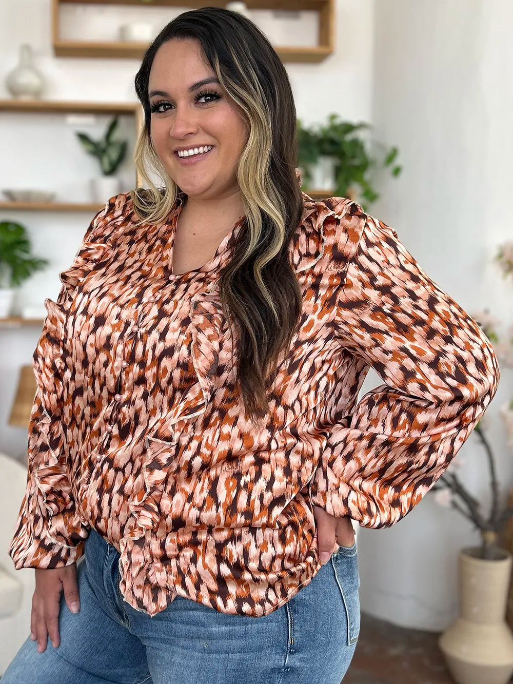 Caramel printed V-neck balloon-sleeve tunic with ruffle trim and button front