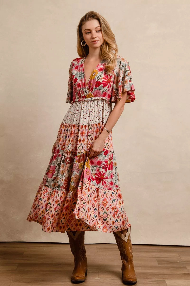 Floral print tiered midi dress with flutter sleeves and multi-tier skirt, rose mix