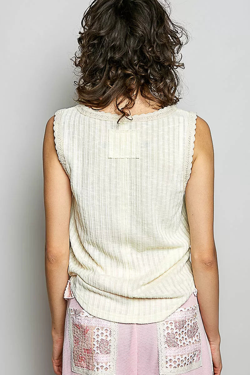 Beige ribbed back sleeveless tank with scalloped lace-trim neckline