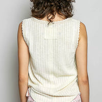 Beige ribbed back sleeveless tank with scalloped lace-trim neckline