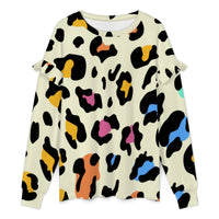 Animal Print Tops Women's Ruffled Shoulder Sweatshirt