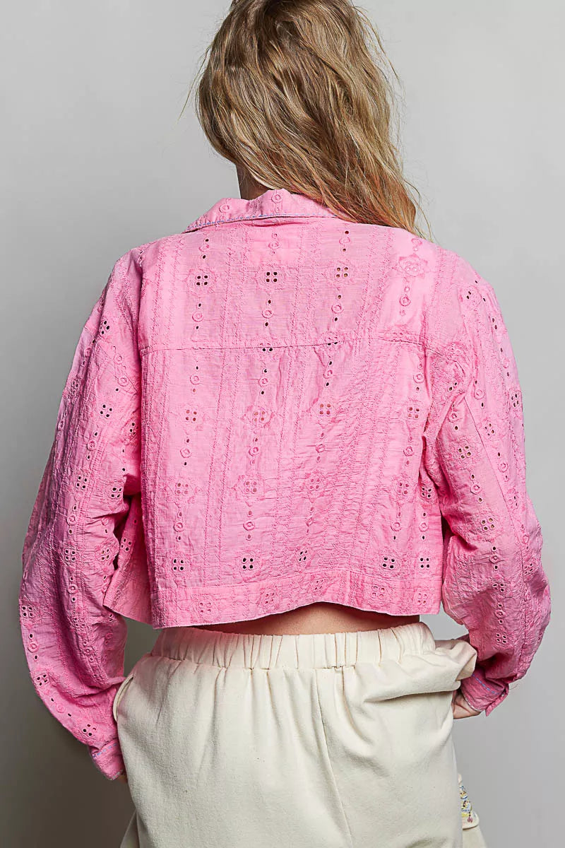 Candy pink eyelet-textured cropped jacket, button back detail, long sleeves