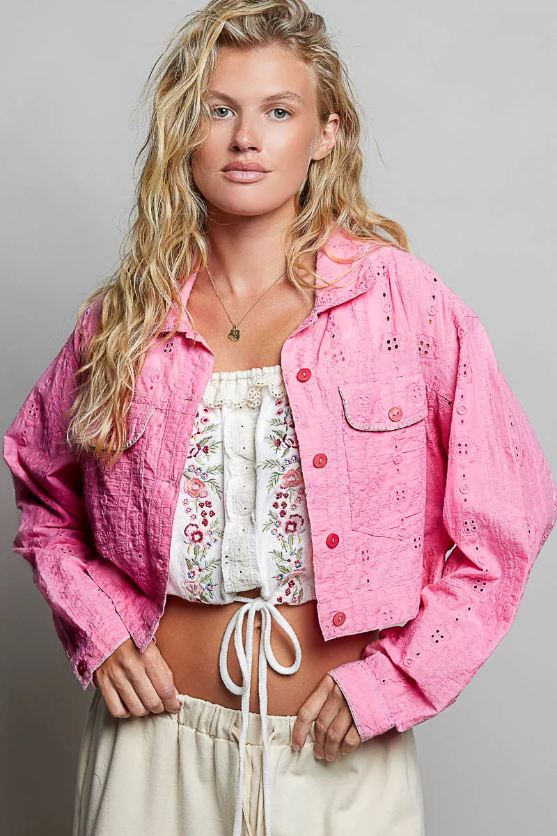 Candy pink cropped jacket with button front, flap chest pocket, and eyelet embroidery