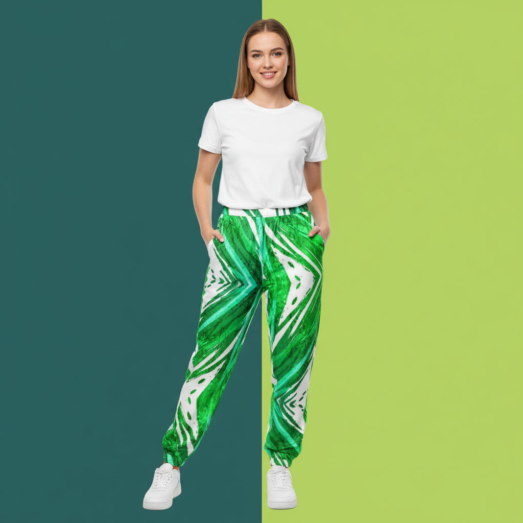 Green And White Track Pants | Unisex All-Over Print Streetwear Joggers