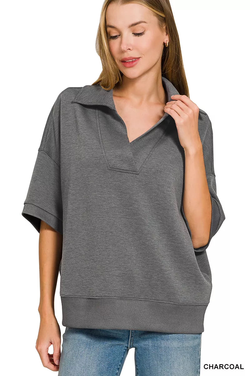 Charcoal collared short-sleeve pullover with V-neck and kangaroo pocket