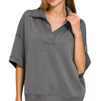 Charcoal collared short-sleeve pullover with V-neck and kangaroo pocket