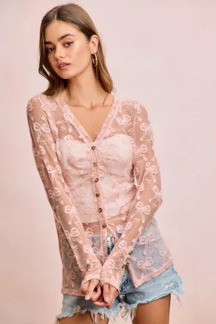 Dusty rose mesh cardigan top with bow pattern, V-neck, long sleeves, button front