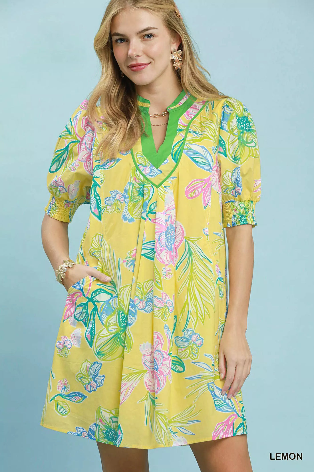 Lemon botanical print dress with V-neck and puff sleeves, smocked cuffs
