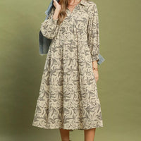 Beige botanical-print tiered midi dress front view with long sleeves and tiered skirt