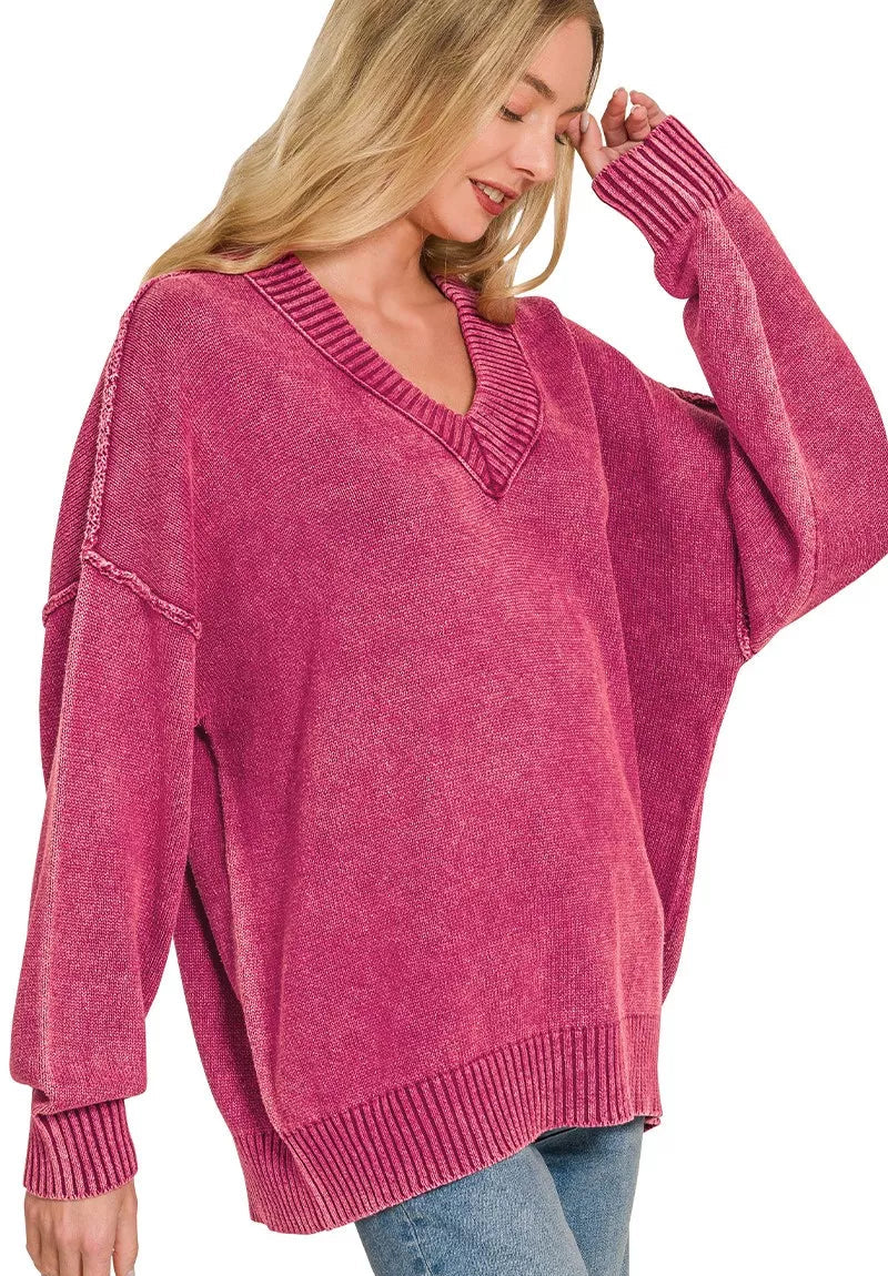 Washed deep V-neck oversized sweater in cabernet with dropped shoulder seams