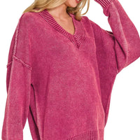 Washed deep V-neck oversized sweater in cabernet with dropped shoulder seams