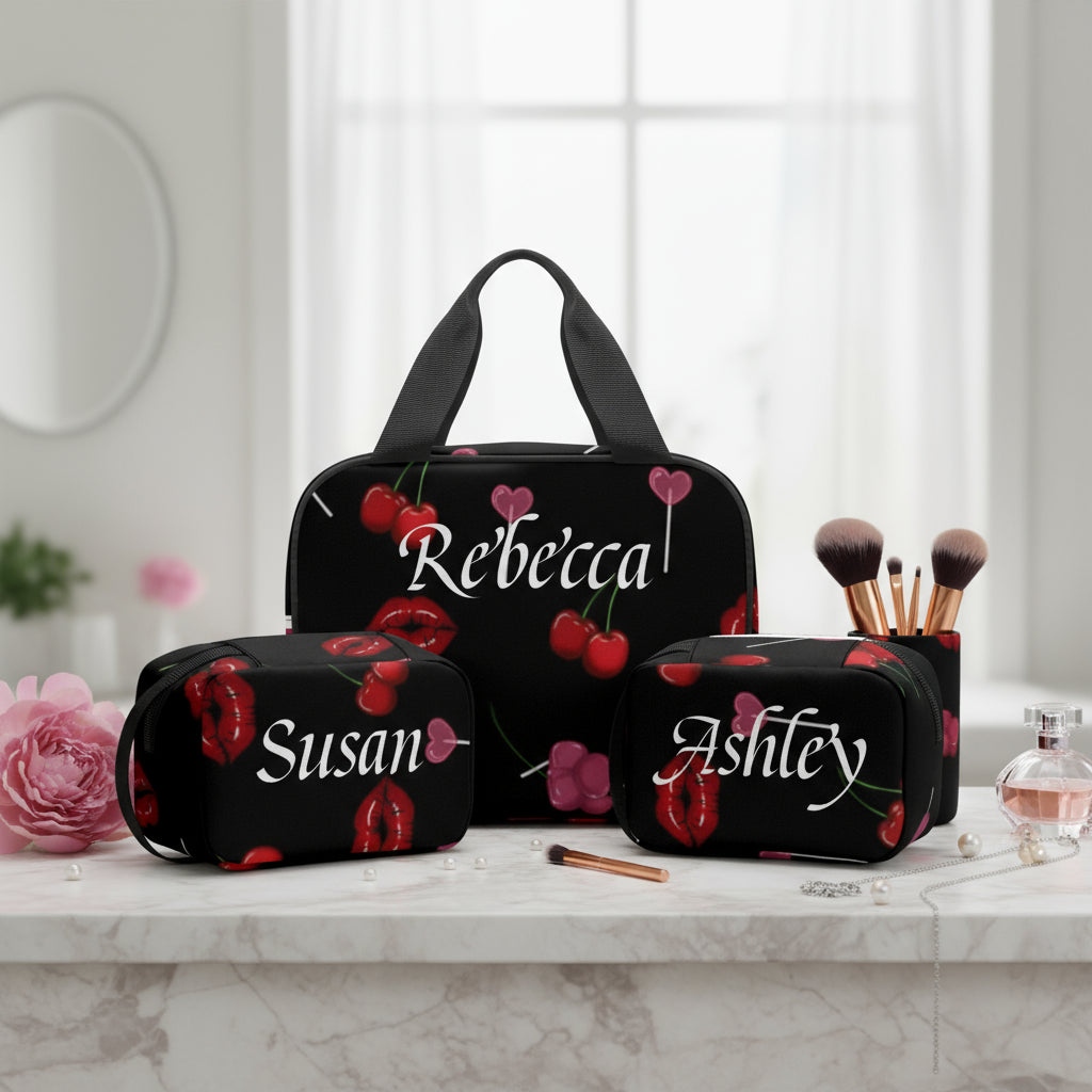 Make up Bag, Personalized Set, 3-Piece Cherry Lips Makeup Organizer, Travel Gift for Her