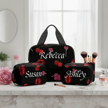 Make up Bag, Personalized Set, 3-Piece Cherry Lips Makeup Organizer, Travel Gift for Her