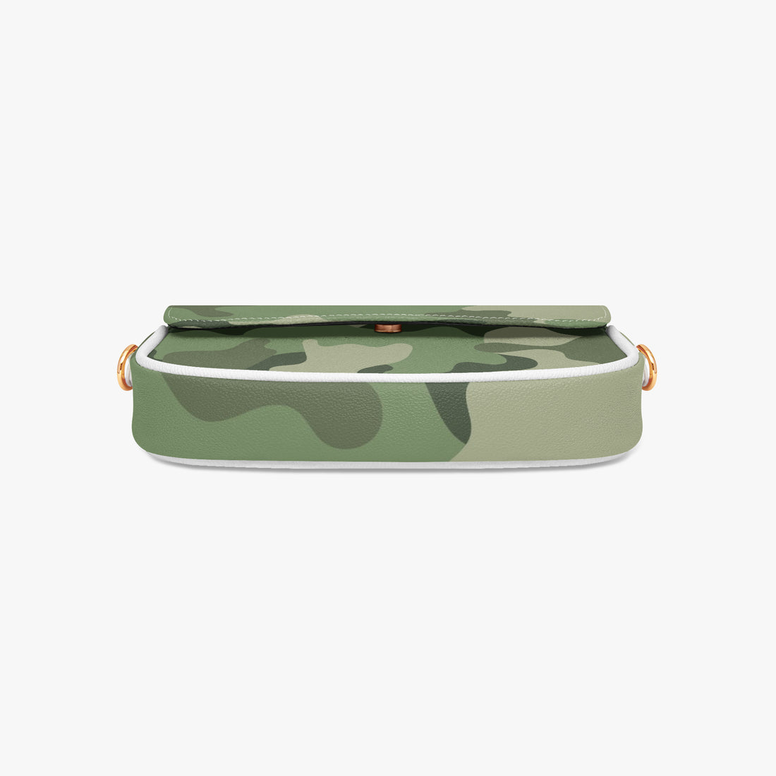 Green camouflage shoulder bag with top flap and flat silhouette, white piping edge.