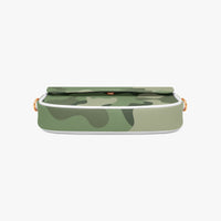 Green camouflage shoulder bag with top flap and flat silhouette, white piping edge.