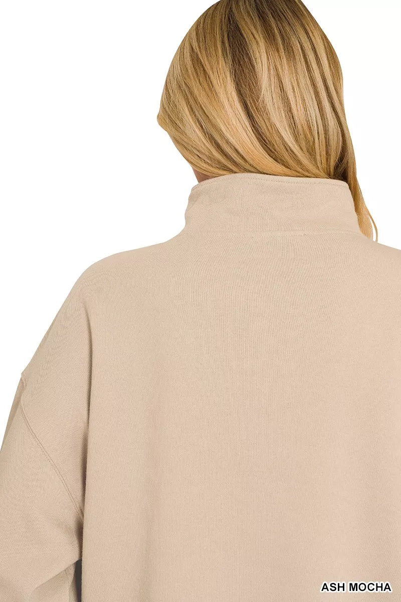 Fleece half-snap sweatshirt in ash mocha, back view with mock neckline seam detail
