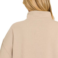 Fleece half-snap sweatshirt in ash mocha, back view with mock neckline seam detail