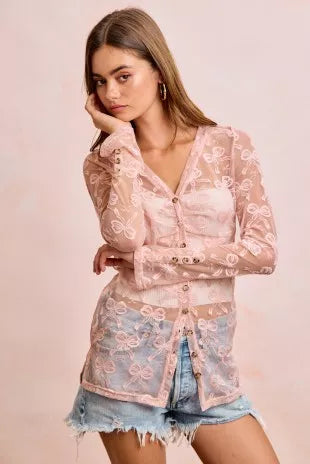 Dusty rose bow-pattern mesh cardigan top with shirred V-neck and button front, long sleeves