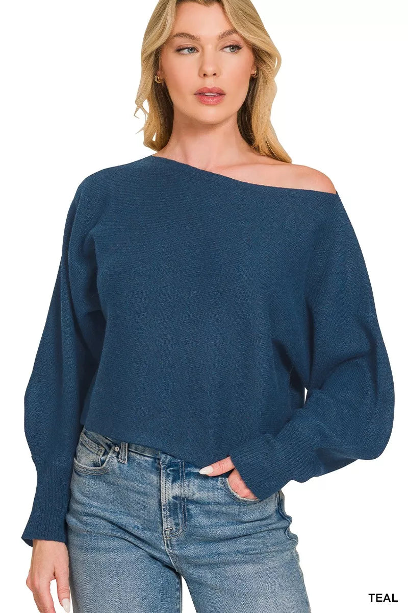 Teal boat-neck sweater with long balloon sleeves and relaxed drape