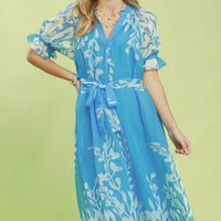 Blue floral tie-waist midi dress with ruffled sleeves and V-neck