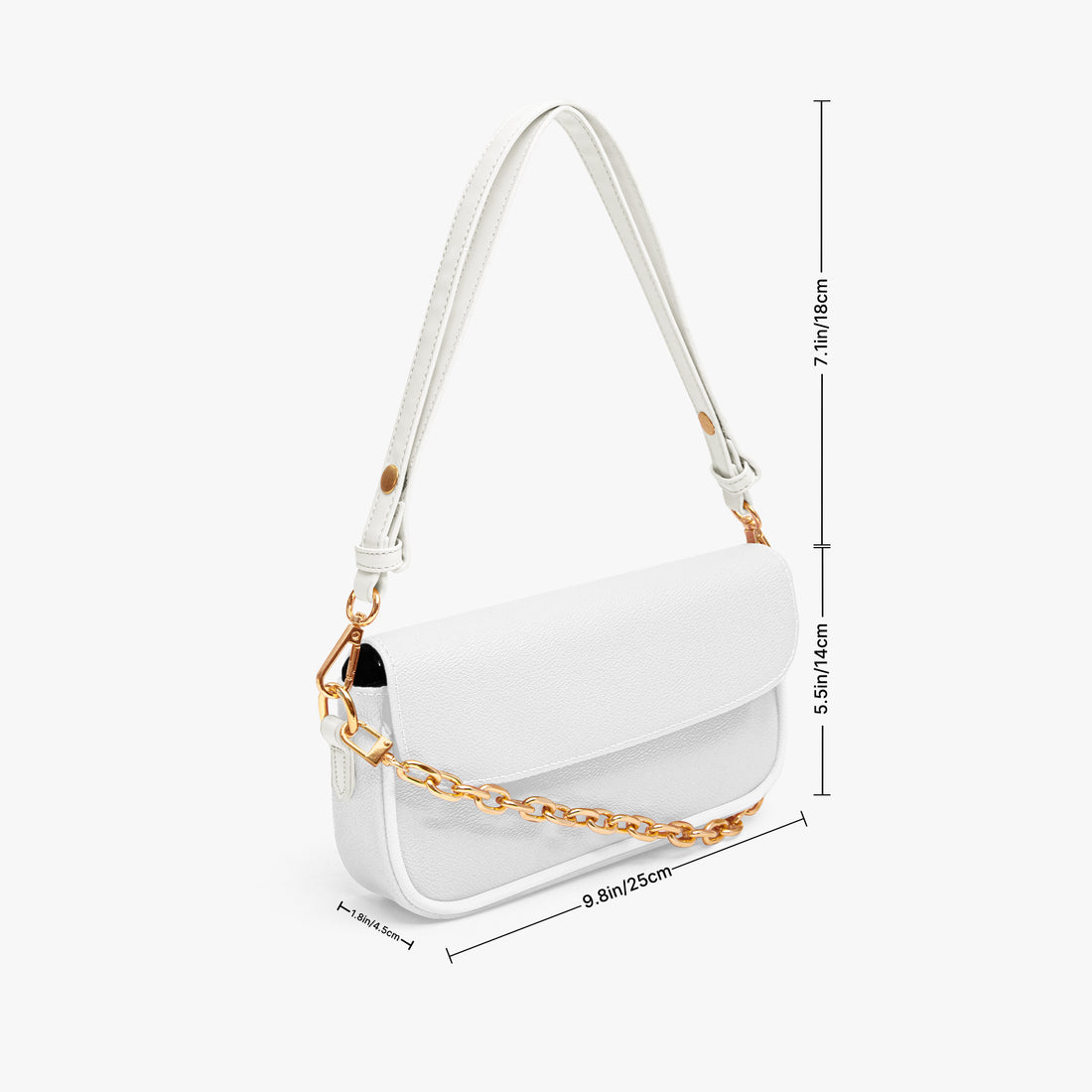 White mini shoulder bag with gold chain strap and curved flap design.