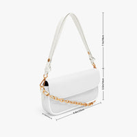 White mini shoulder bag with gold chain strap and curved flap design.