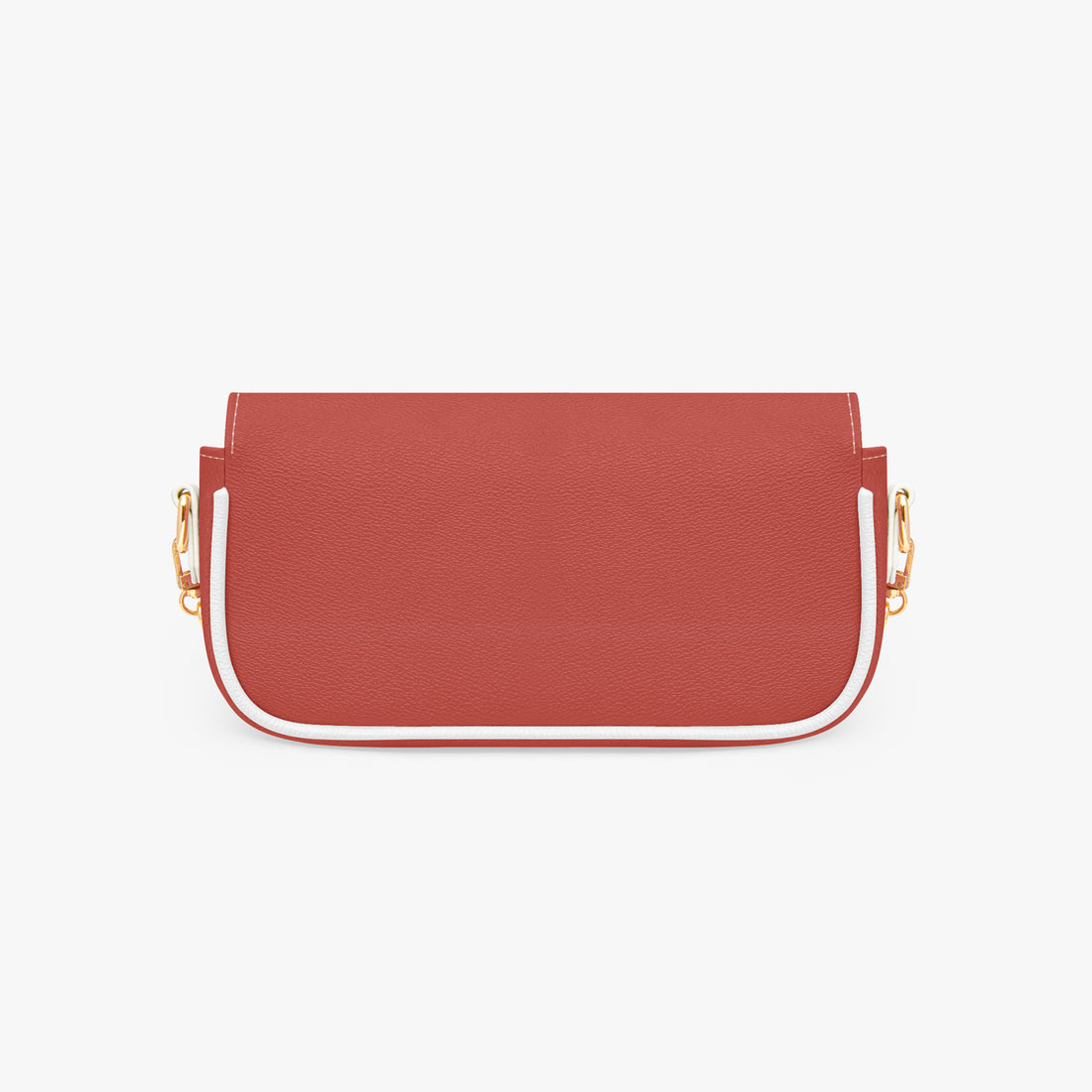 Red leather shoulder bag front view with curved flap and gold hardware
