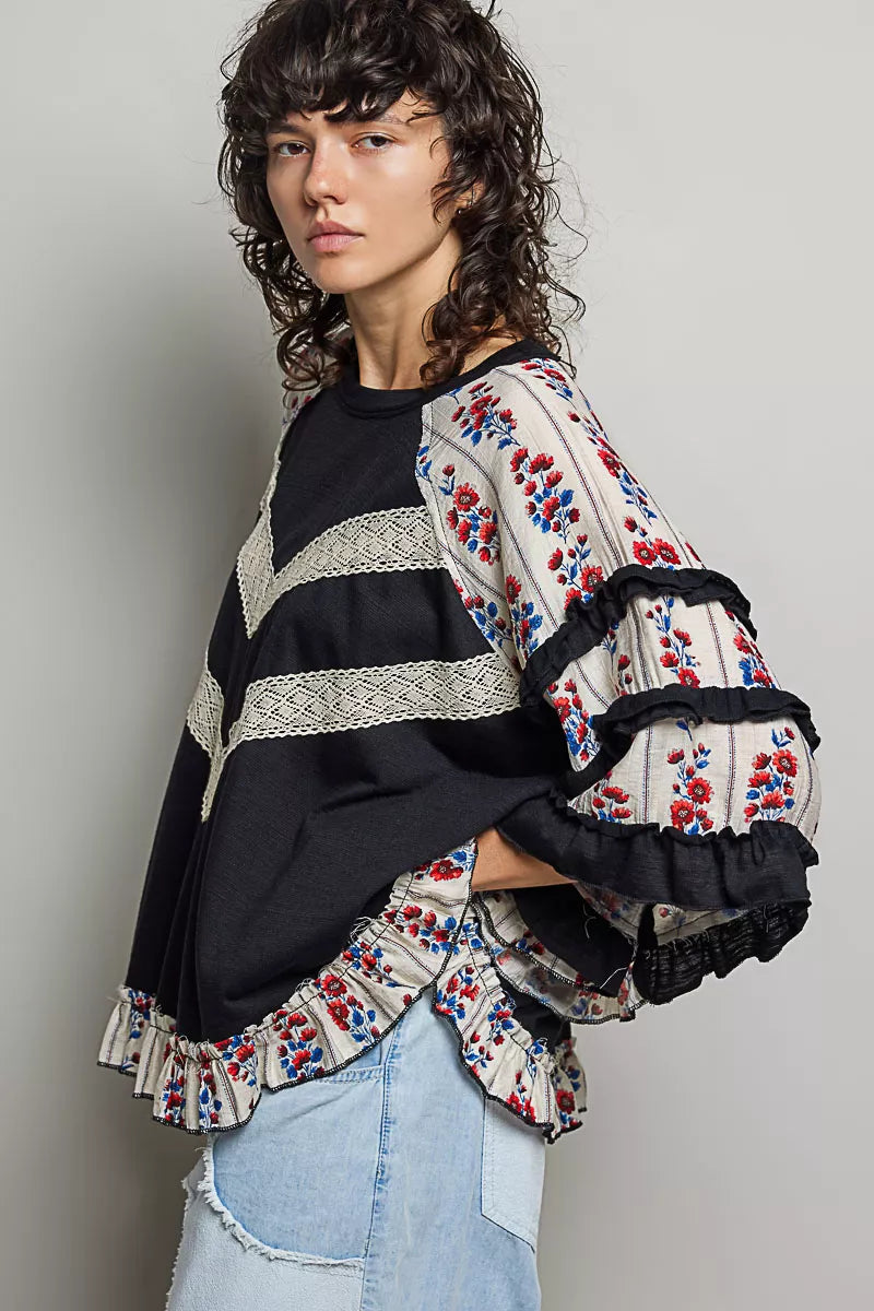 Black knit top with round neck, chevron lace yoke and floral ruffle-trim sleeves