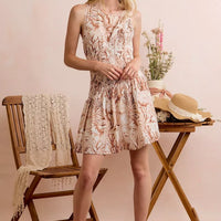 Taupe shell print smocked mini dress, sleeveless fit-and-flare, lined