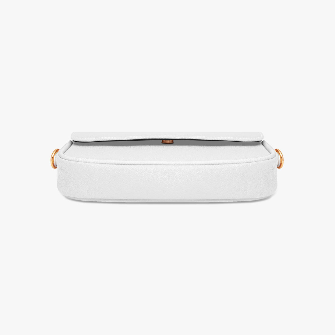 White mini shoulder bag with rounded top flap and gold-toned hardware.