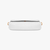 White mini shoulder bag with rounded top flap and gold-toned hardware.