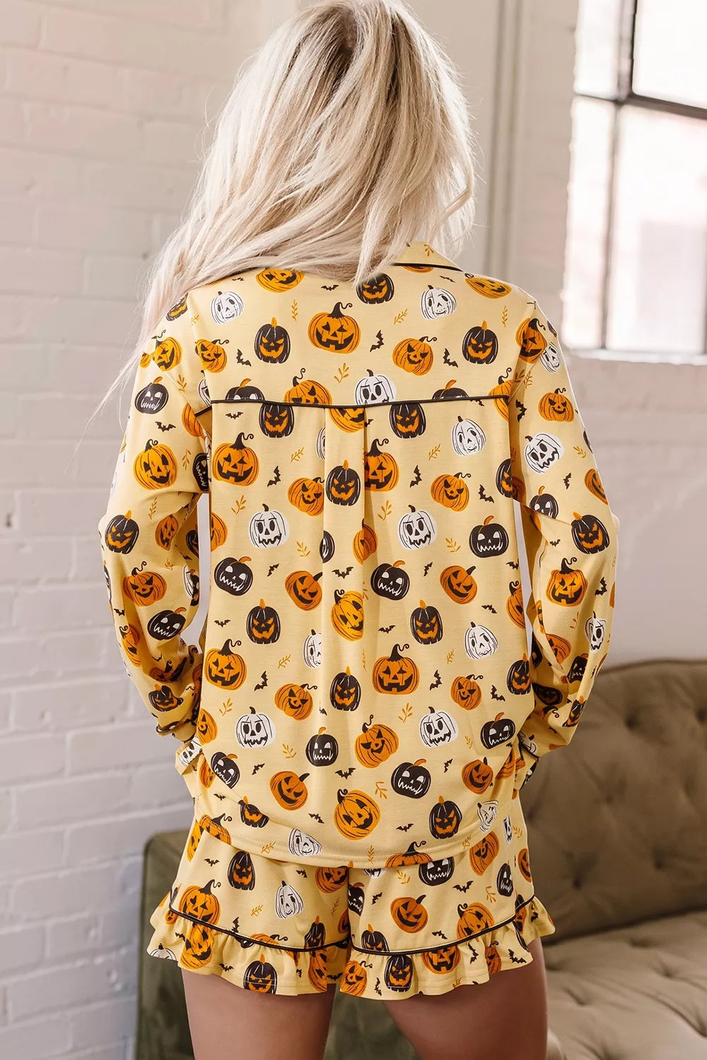 Gold Halloween-print lounge set, long-sleeve top with back yoke and ruffled hem