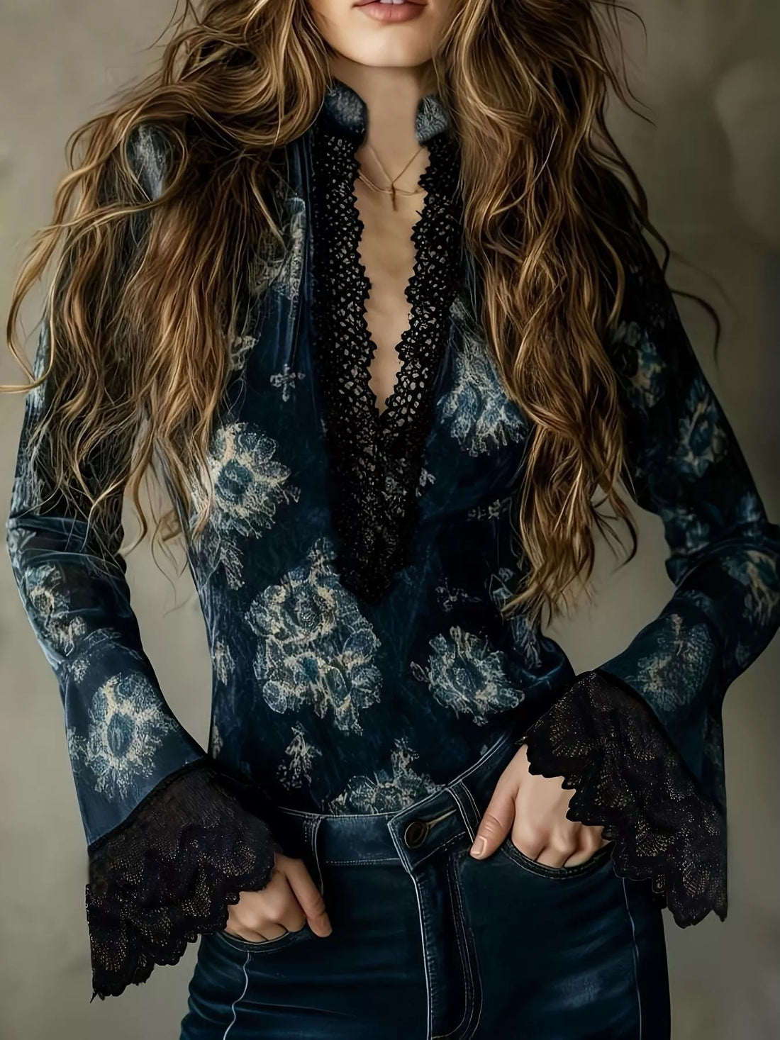 Navy lace-trim flare-sleeve blouse with scalloped lace V-neck