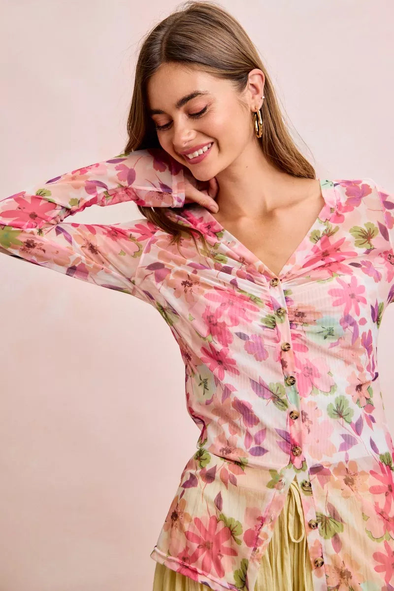 Floral mesh cardigan top with pink floral print, button front and V-neck, long sleeves