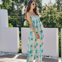 Women’s blue palm-print smocked bodice adjustable cami top, wide tiered bottom