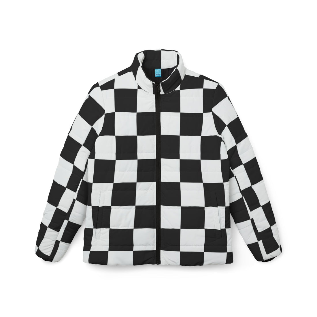 Black Puffer Womens Coat | Retro Black and White Checkered Jacket