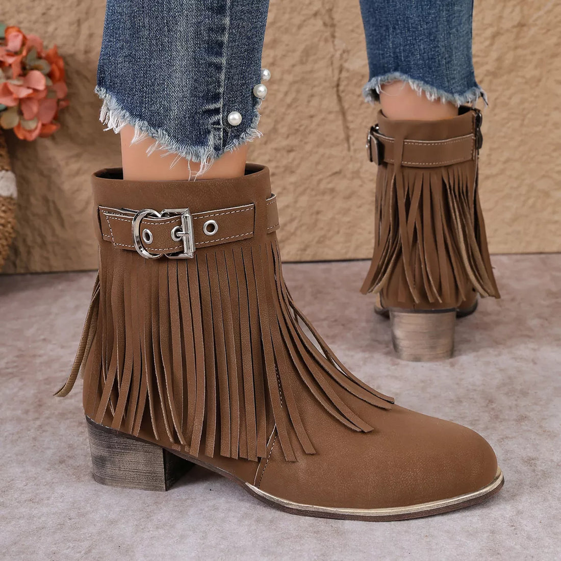 Dark brown suede fringe ankle boots with buckle strap and block heel