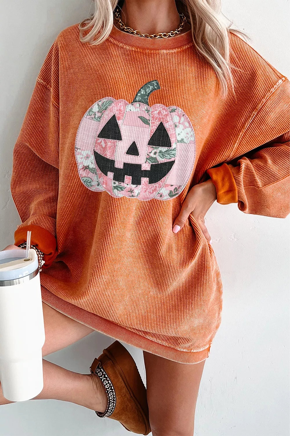 Orange sherbet tunic sweatshirt, round neck, patchwork jack-o&