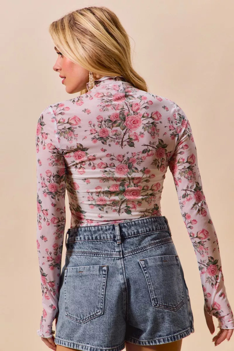 Floral rose print mesh sheer top in pink, long sleeves, back view