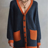 Dark navy color-block V-neck button cardigan with orange placket and patch pockets