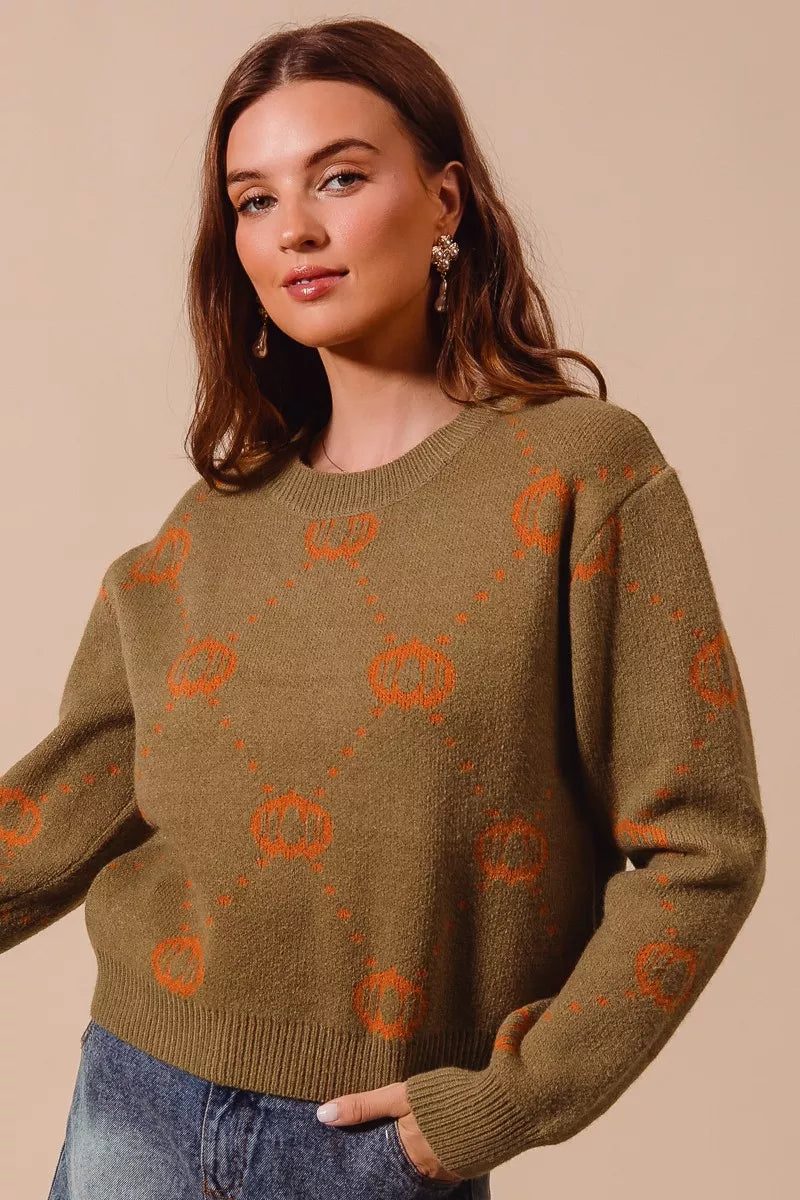 Olive crewneck sweater with orange pumpkin rhombus icons, long sleeves