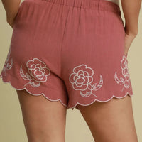 Dusty pink embroidered linen-blend shorts with elastic waist and scalloped hem